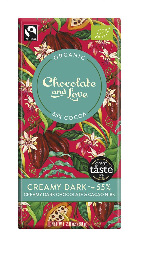 Organic/Fairtrade creamy dark chocolate with cacao nibs 55%