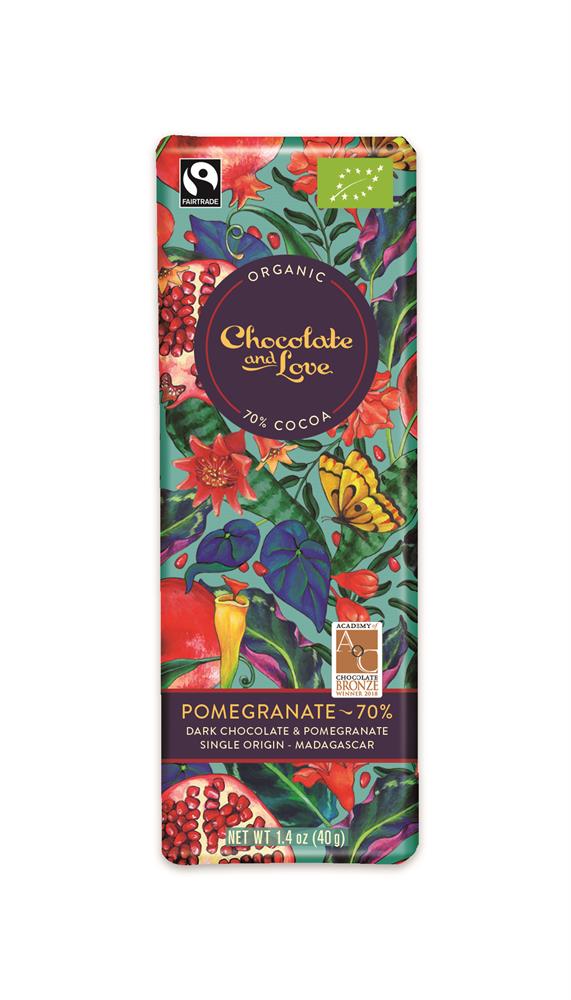 Organic/Fairtrade dark chocolate with pomegranate 70% 40g