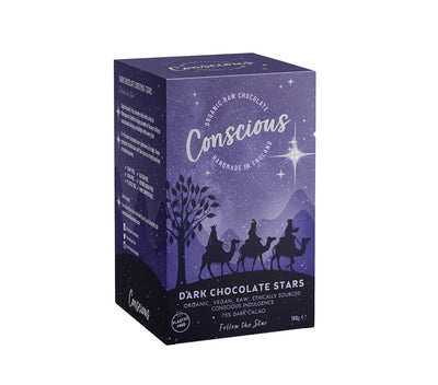 Dark Chocolate Stars Gift Box 75% Cacao Raw Vegan Organic 180g