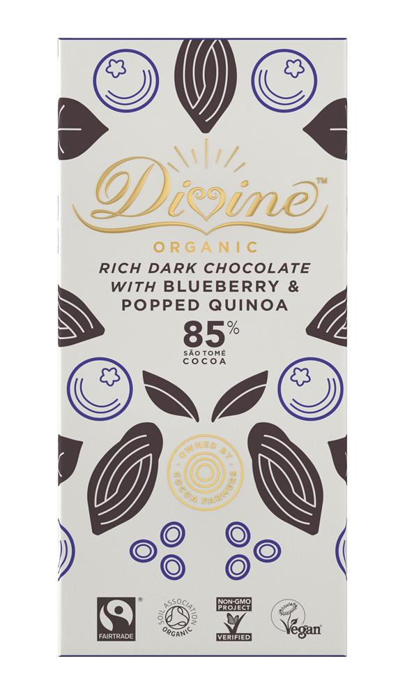 Vegan Organic Dark 85% Choc with Popped Quinoa & Blueberry 80g