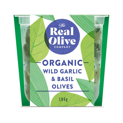 Organic Wild Garlic & Basil Olives in Cold-pressed Oil 150g