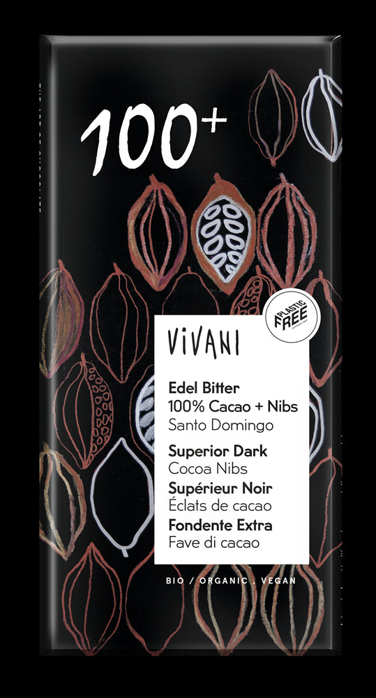 Dark 100+ Chocolate with Cocoa Nibs Vegan Organic 80g